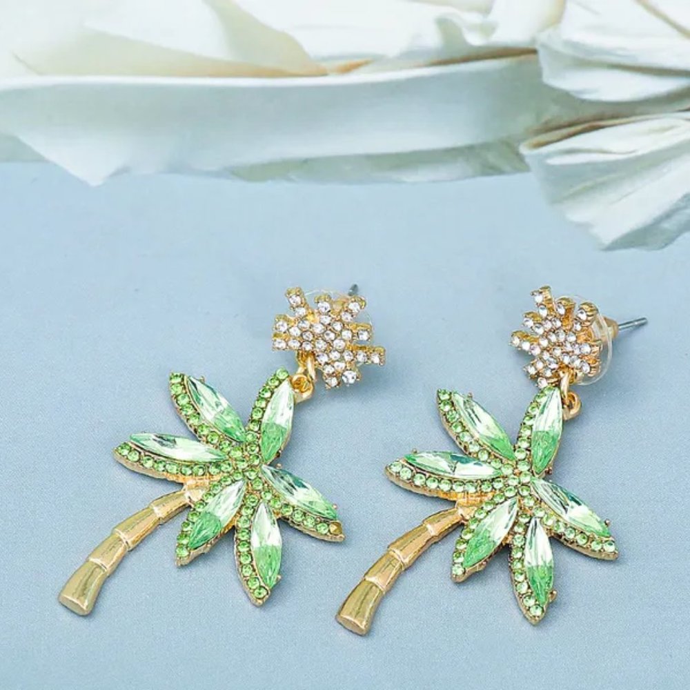 Gold & Diamond Palm Tree Earrings by Bimini Beachwear - CZ Stones